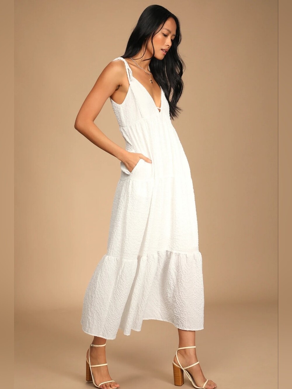 Lulus White Let the Sun Beam Tiered Tie-Strap Midi Dress Pockets Size XS